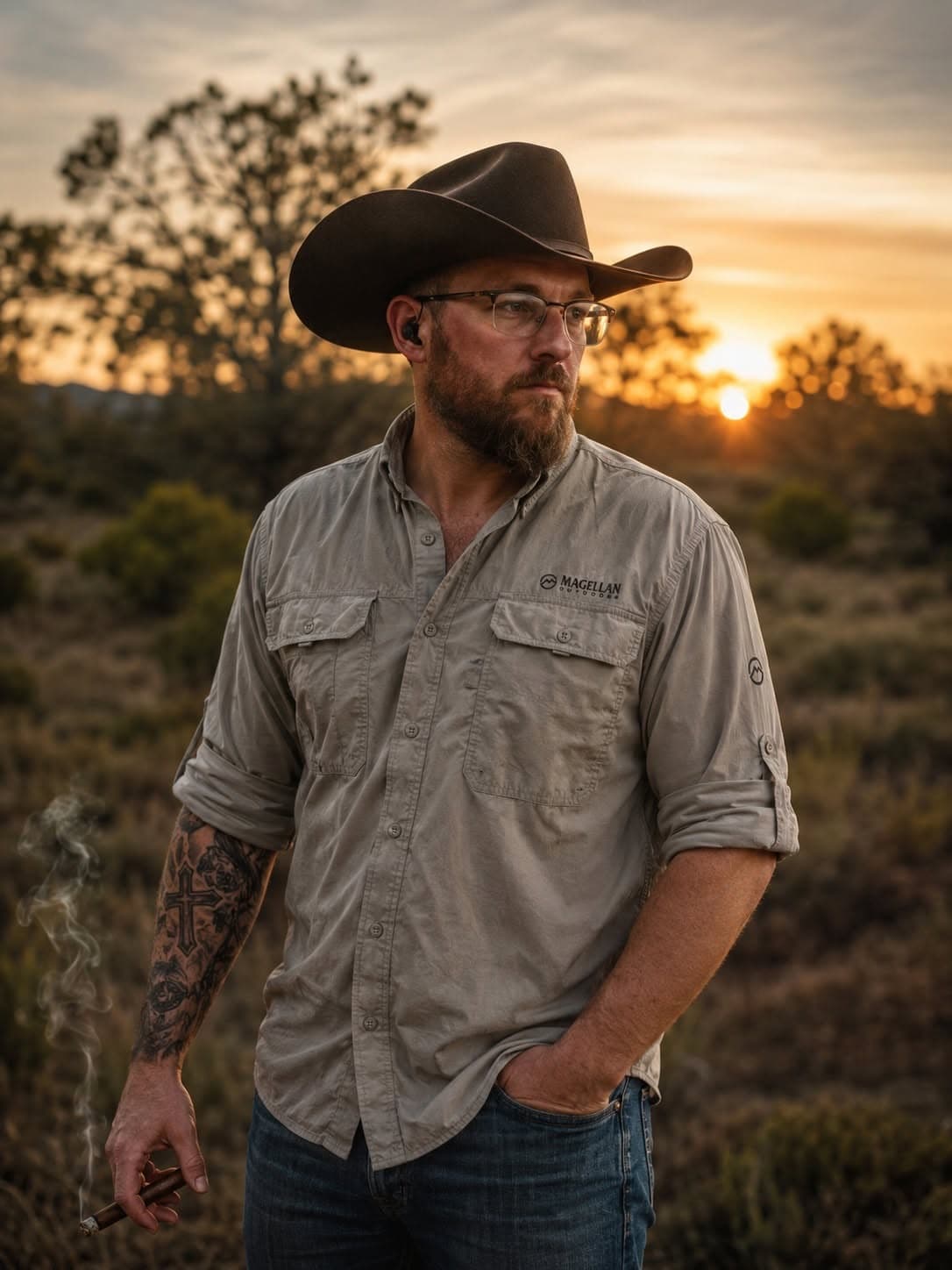 Kiefer Likens standing in Texas scrubland at dusk.