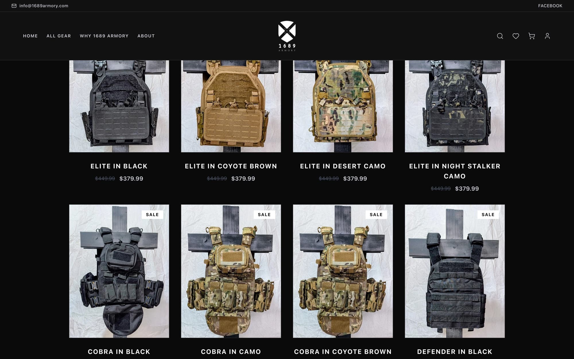 1689 Armory product grid: eight plate carriers photographed flat against a pale ground on a black page, with prices beneath each.