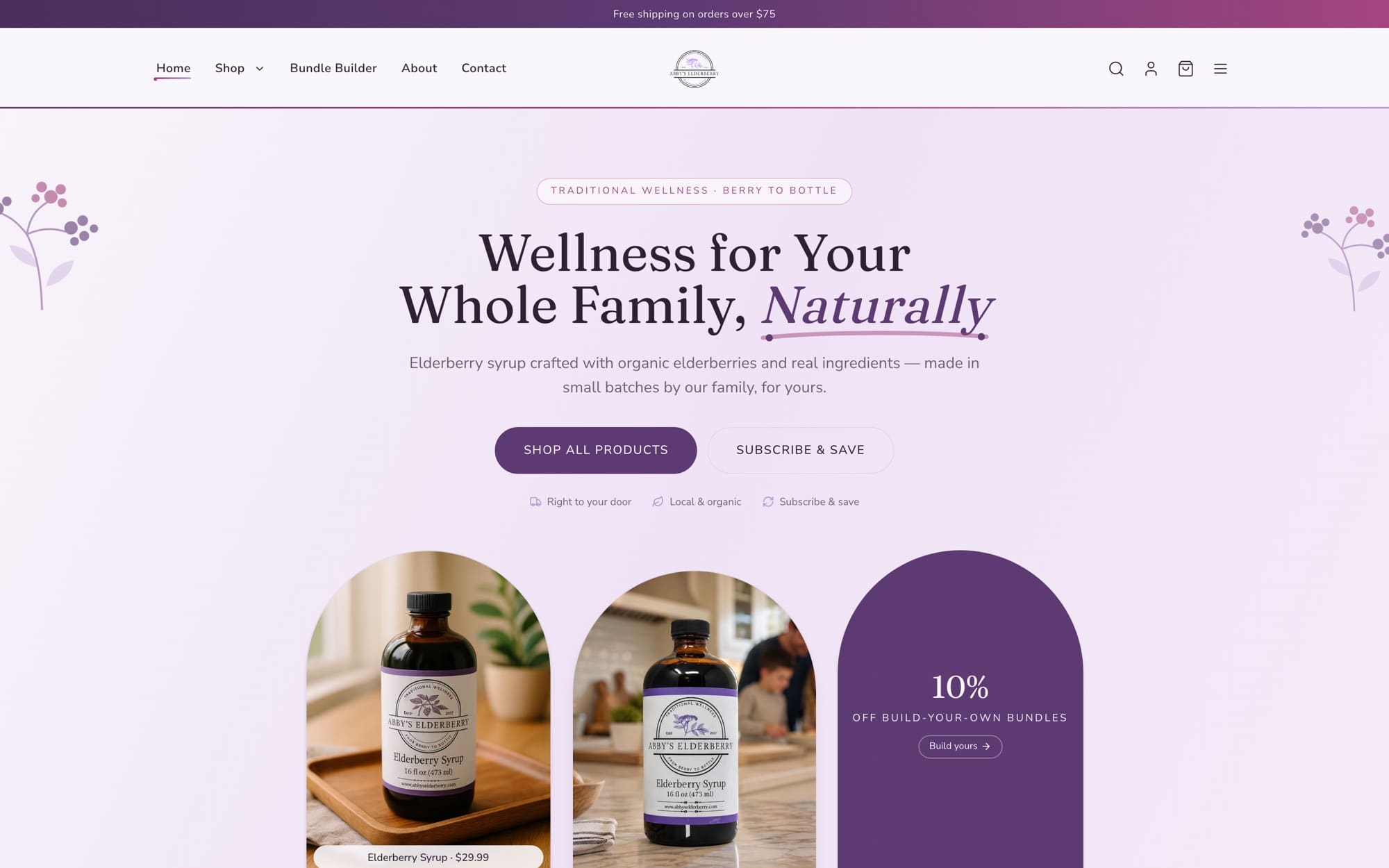Abby’s Elderberry homepage: a plum and lavender storefront with the headline ‘Wellness for Your Whole Family, Naturally’.
