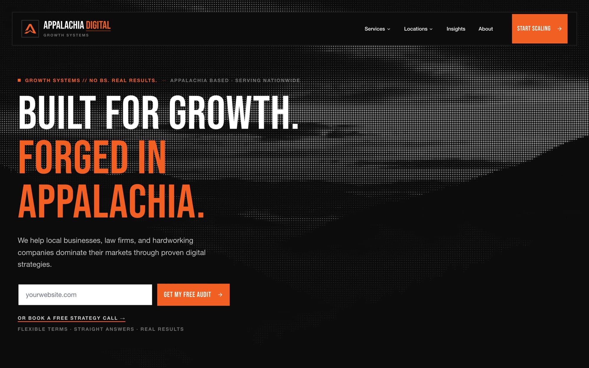 Appalachia Digital homepage: a warm paper layout with numbered service modules and an orange accent.