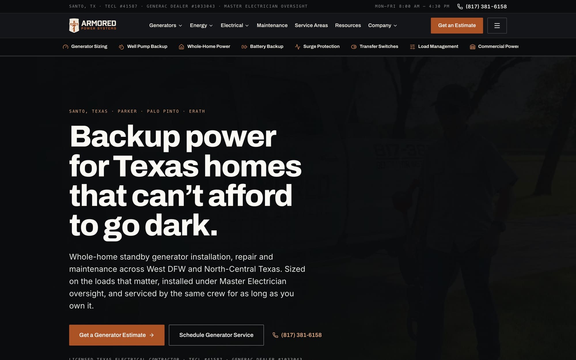 Armored Power Systems homepage: a dark hero reading ‘Backup power for Texas homes that can’t afford to go dark’ over a photograph of a service truck.
