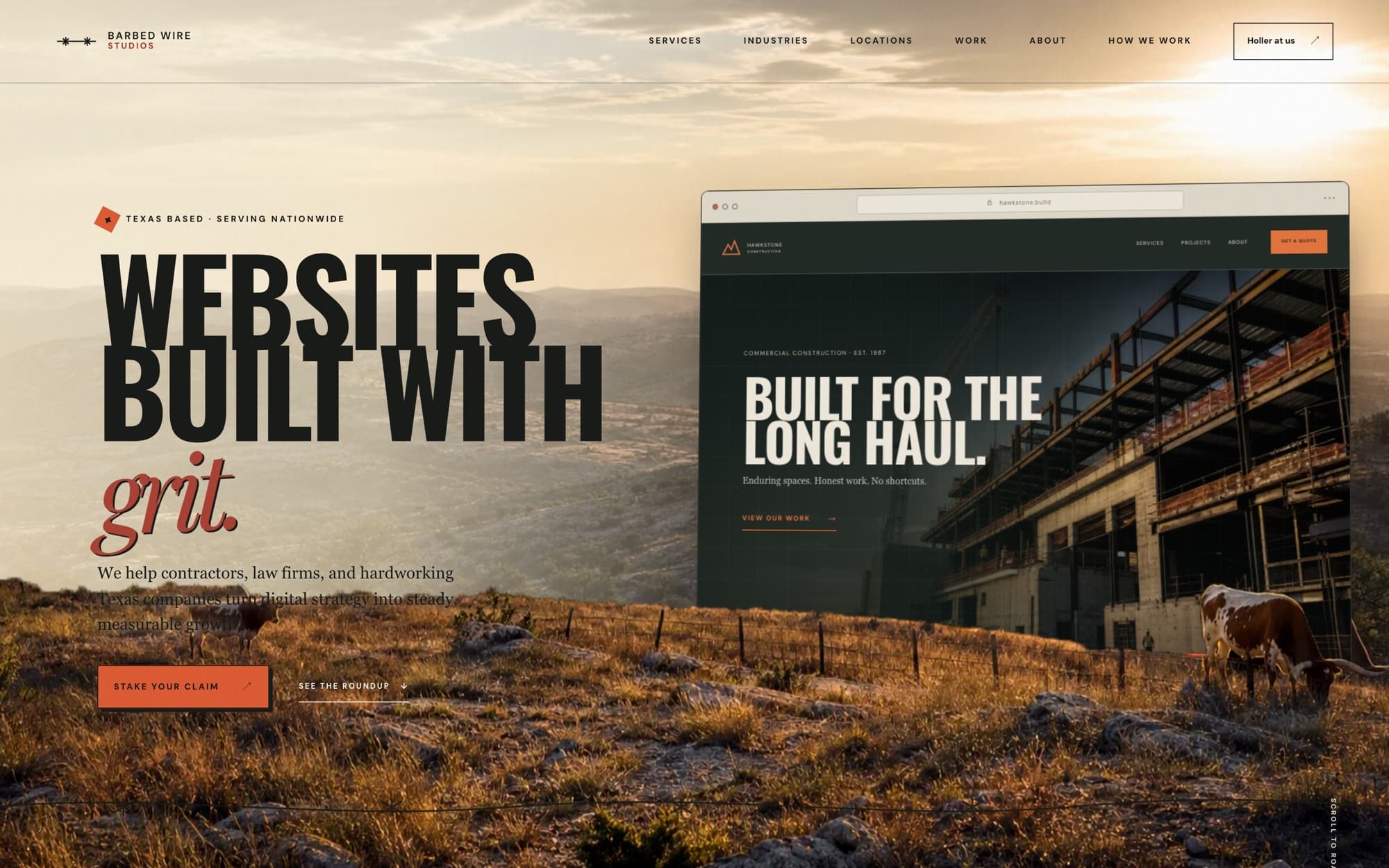 Barbed Wire Studios homepage: an editorial western layout in paper, navy, and gold with the headline ‘Websites built with grit’.