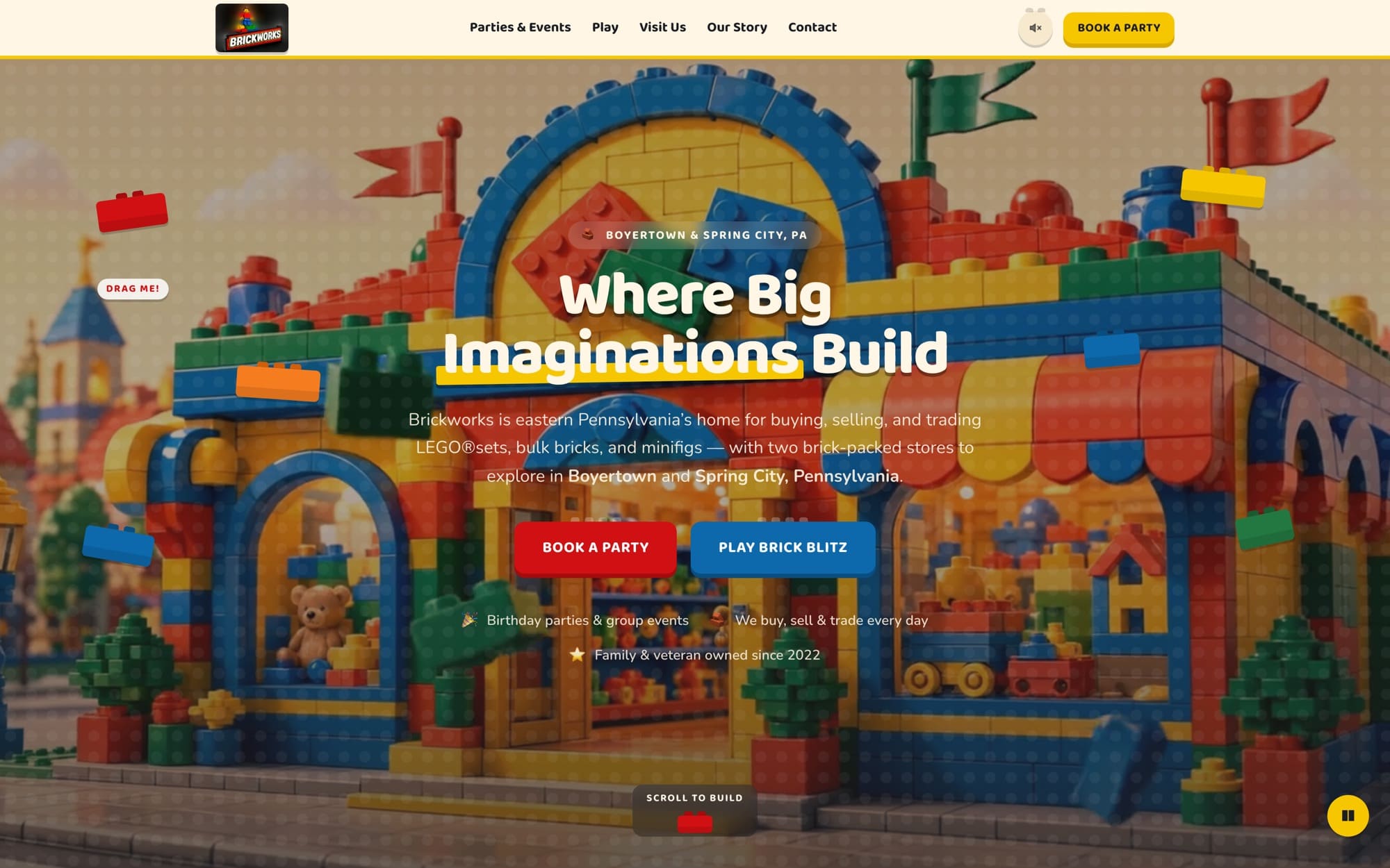 Brickworks homepage: a bright cream and primary-colored layout with the headline ‘Where Big Imaginations Build’.