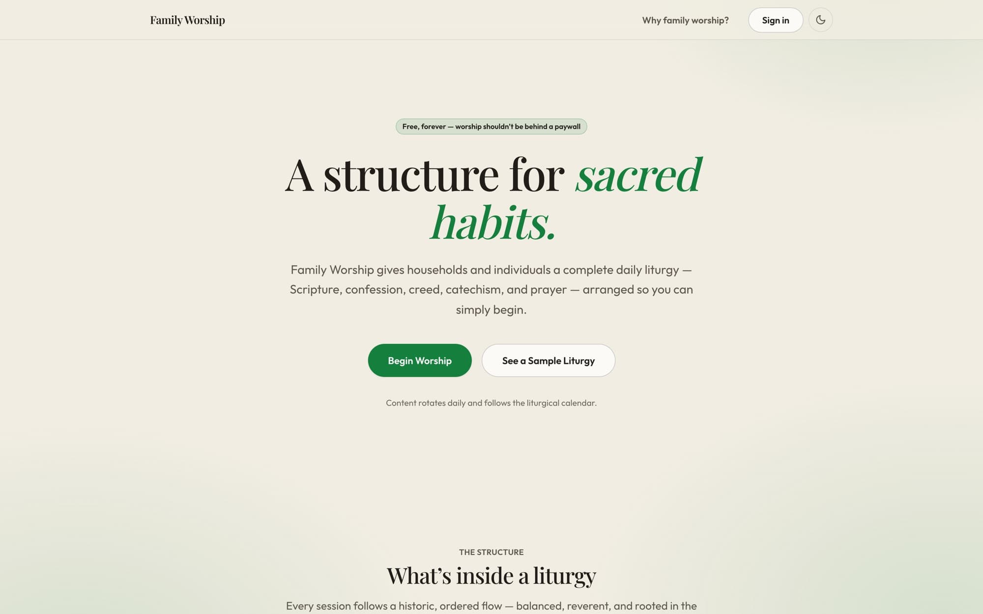 Family Worship landing page: warm parchment ground with the headline ‘A structure for sacred habits’ set in a display serif.