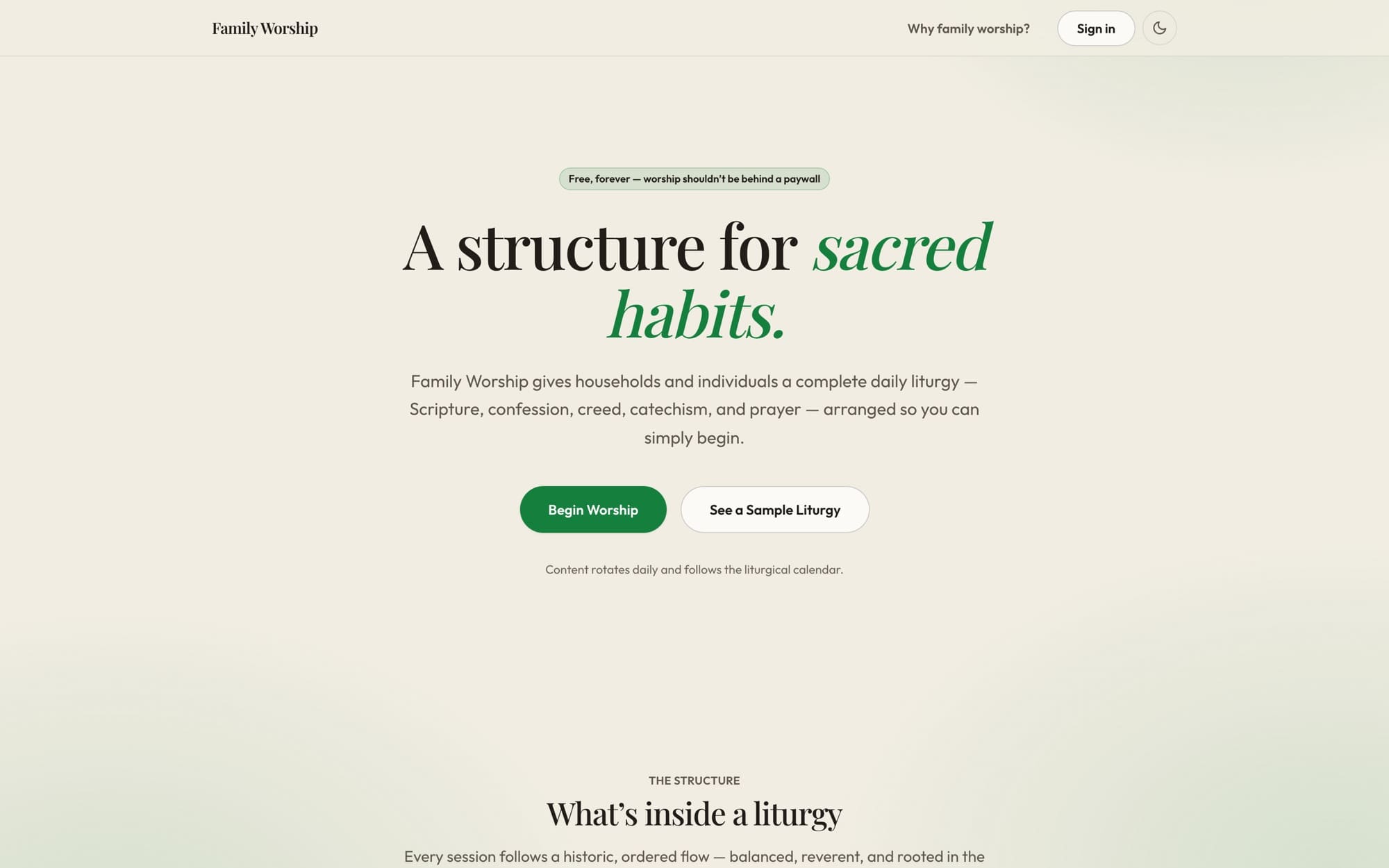 Family Worship landing page: warm parchment ground with the headline ‘A structure for sacred habits’ set in a display serif.