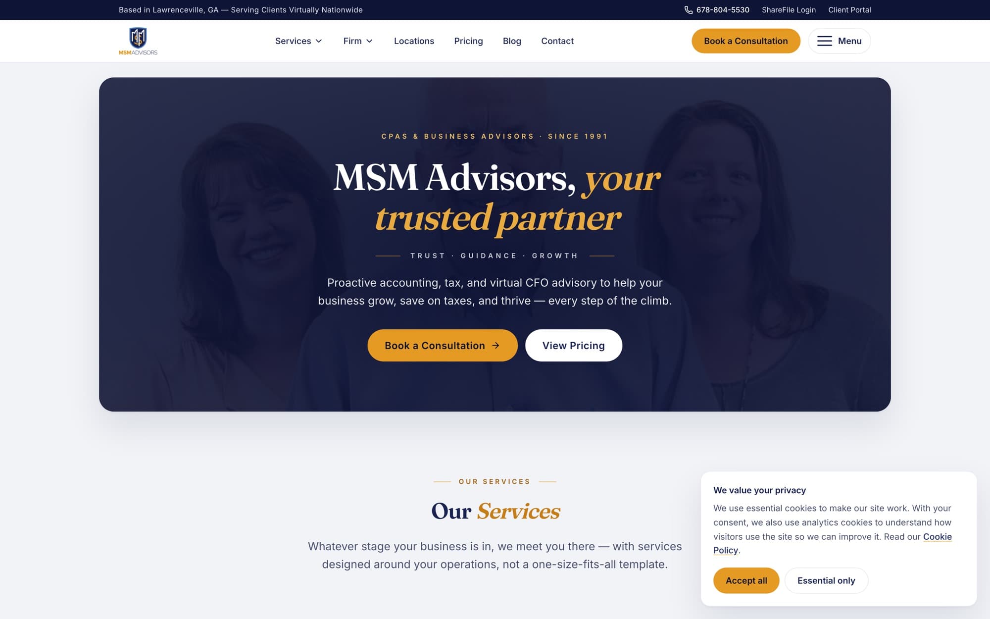 MSM Advisors homepage: navy and gold professional layout with the headline ‘MSM Advisors, your trusted partner’.