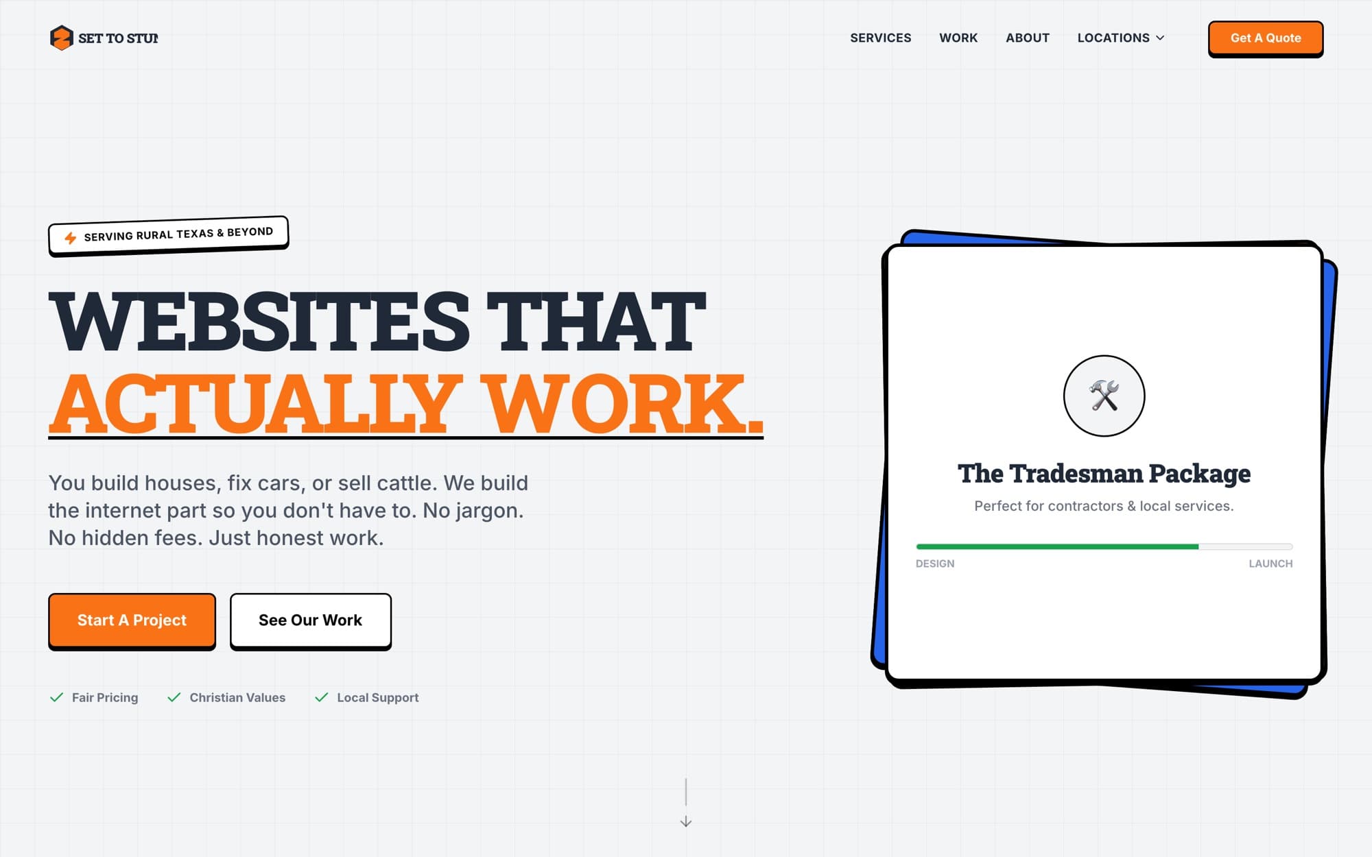 Set To Stun homepage: a neo-brutalist layout with hard black borders, offset shadows, and the headline ‘Websites that actually work’.